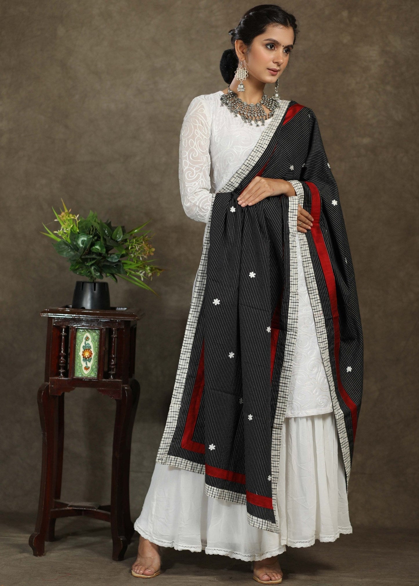 Black Ajrakh dupatta with delicate embroidery