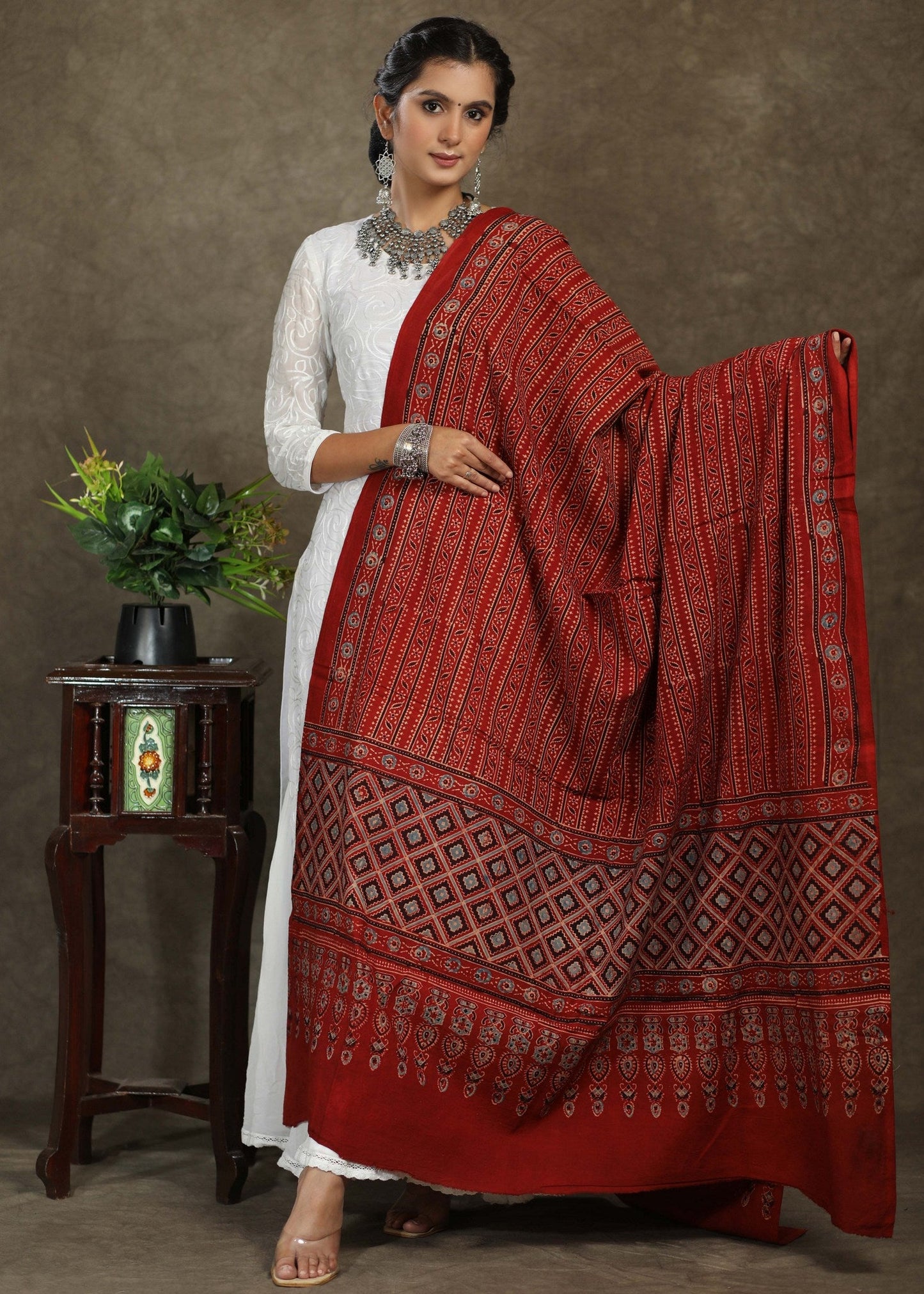 Red cotton Ajrakh print dupatta