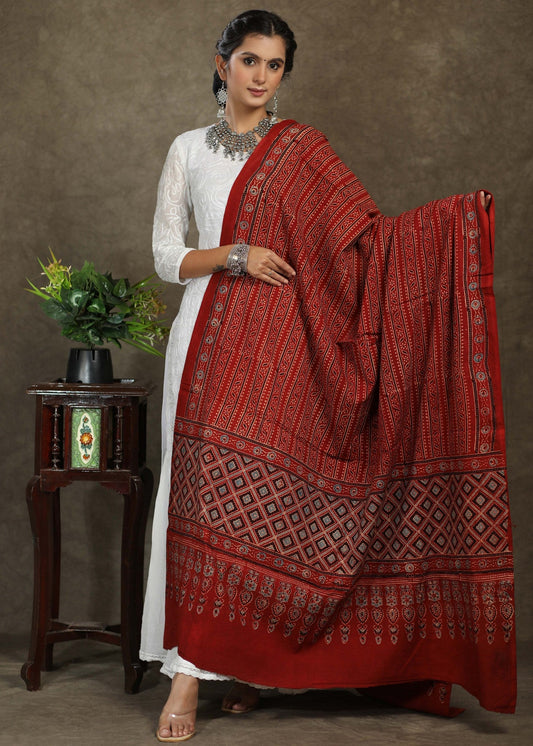 Red cotton Ajrakh print dupatta