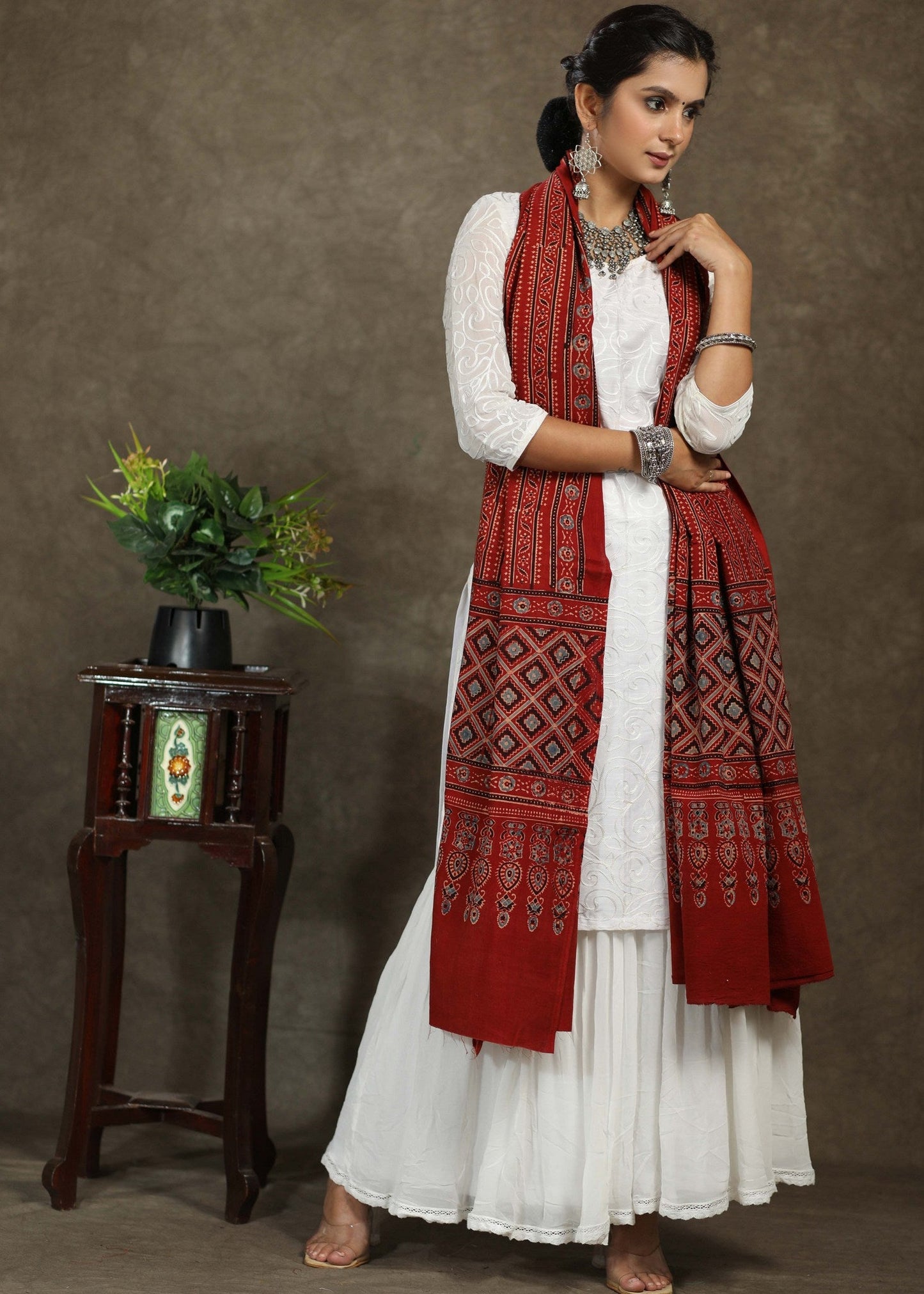 Red cotton Ajrakh print dupatta