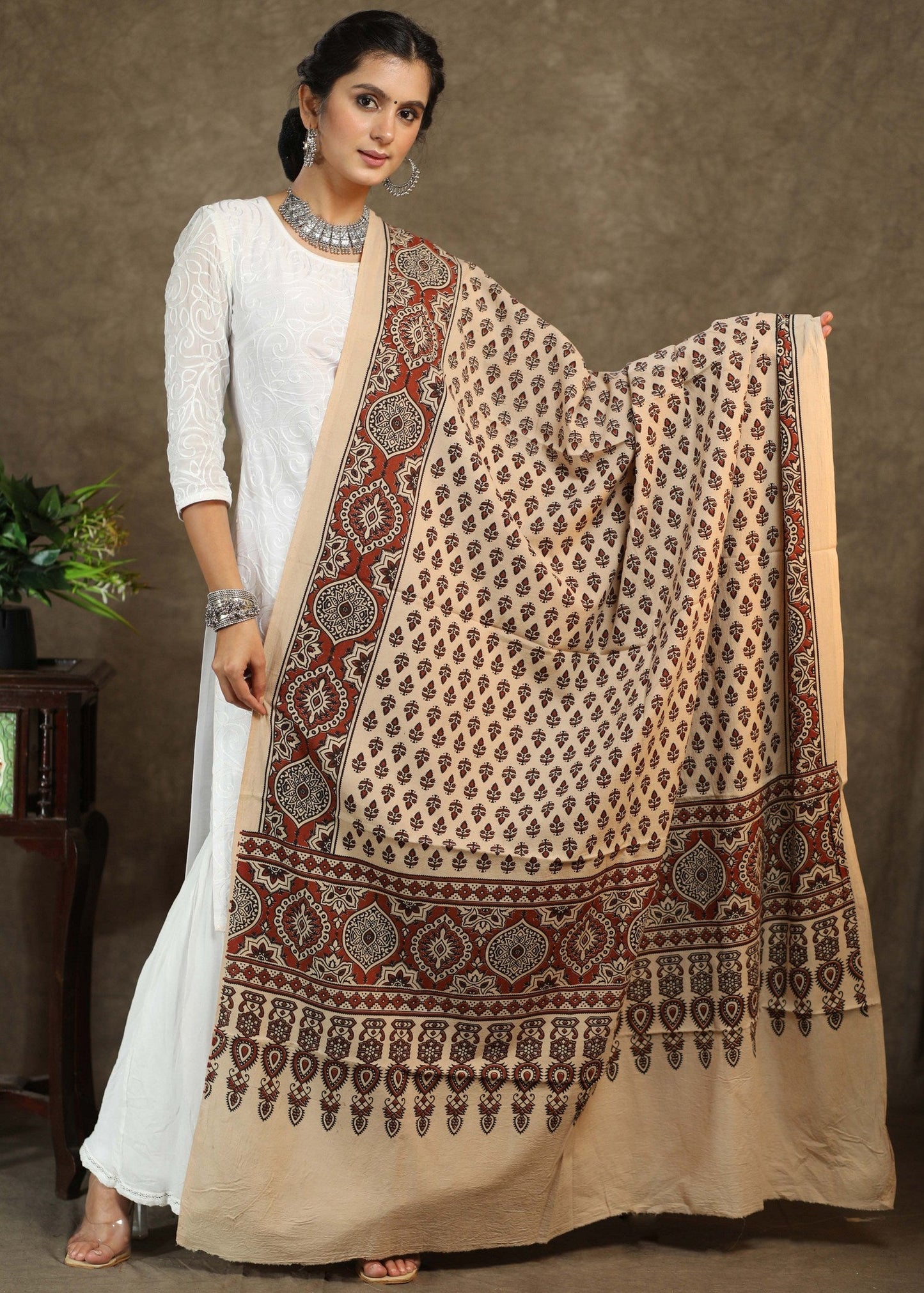 Exclusive creme cotton printed dupatta