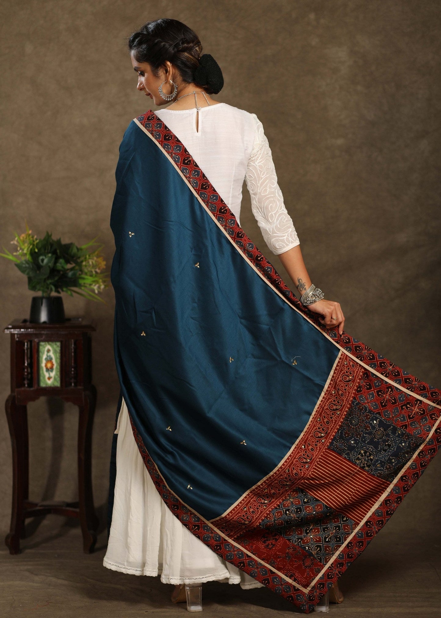 Teal Satin dupatta with mirror work and Ajrakh combination