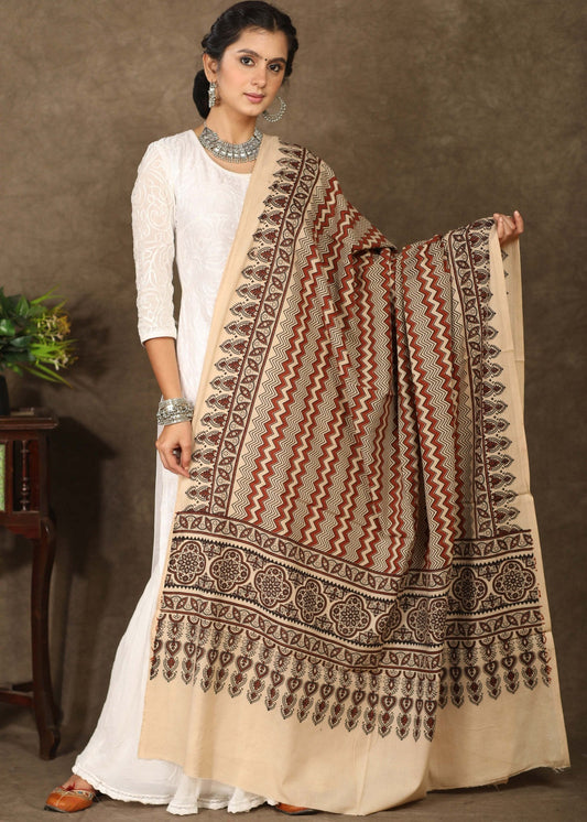 Exclusive cream cotton print dupatta