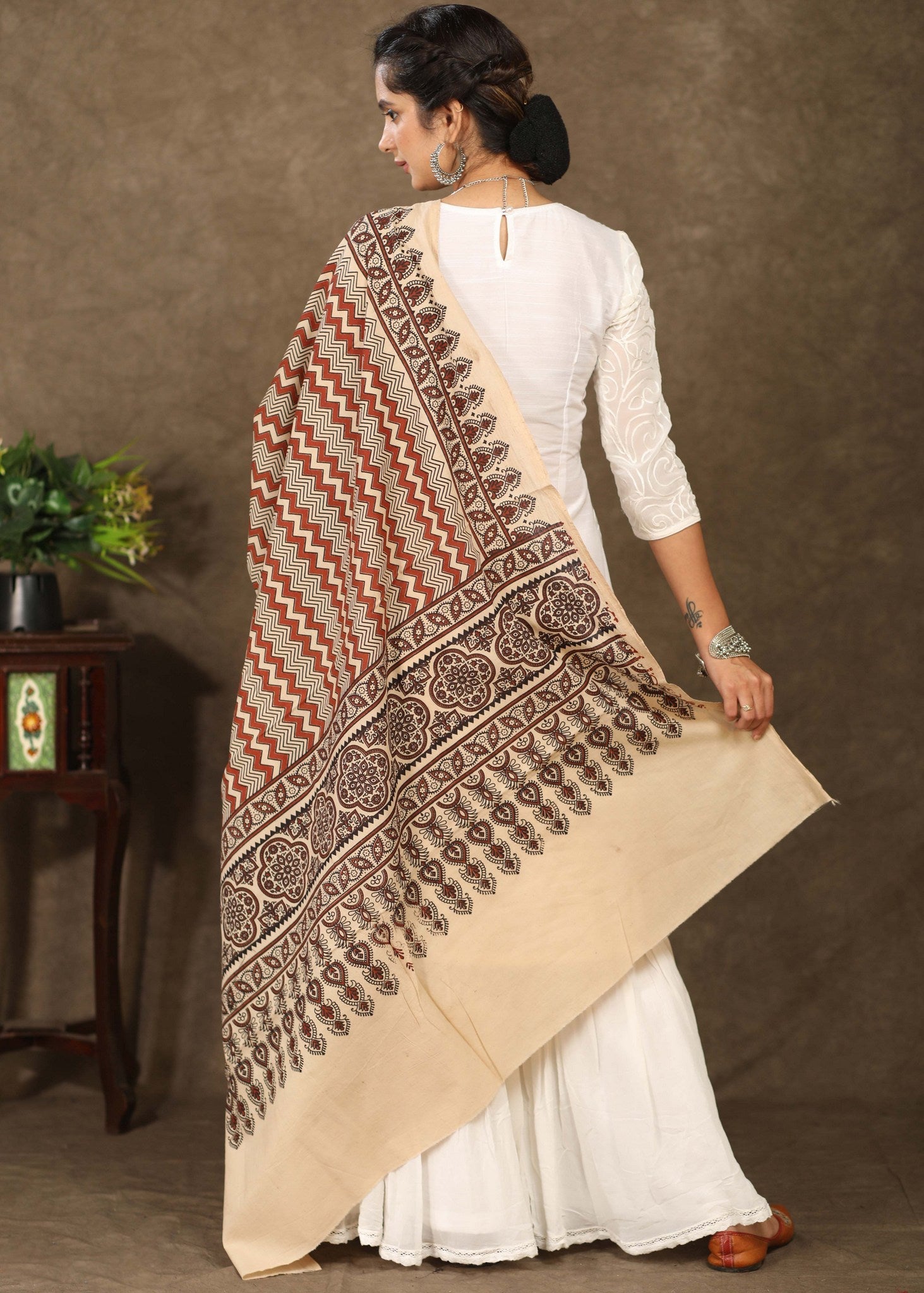 Exclusive cream cotton print dupatta