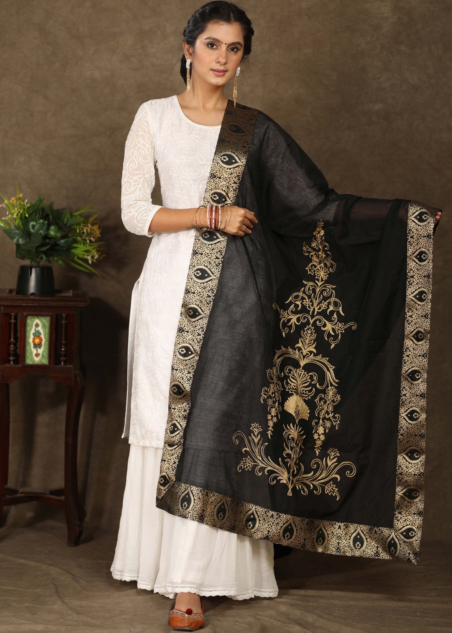 Black Chanderi dupatta with exclusive golden embroidery and Banarasi border