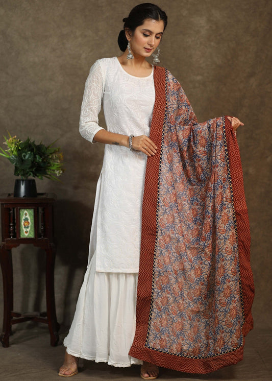 Flower printed dupatta with Ajrakh border