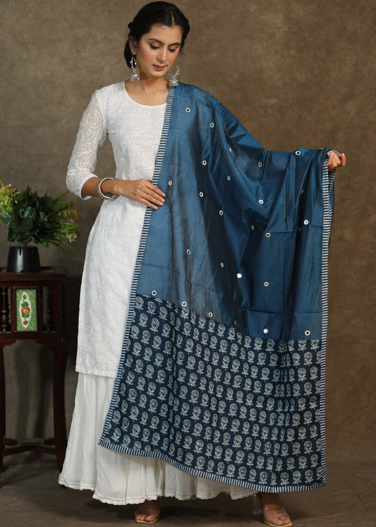 Chandari blue mirror work dupatta with Ajrakh combination