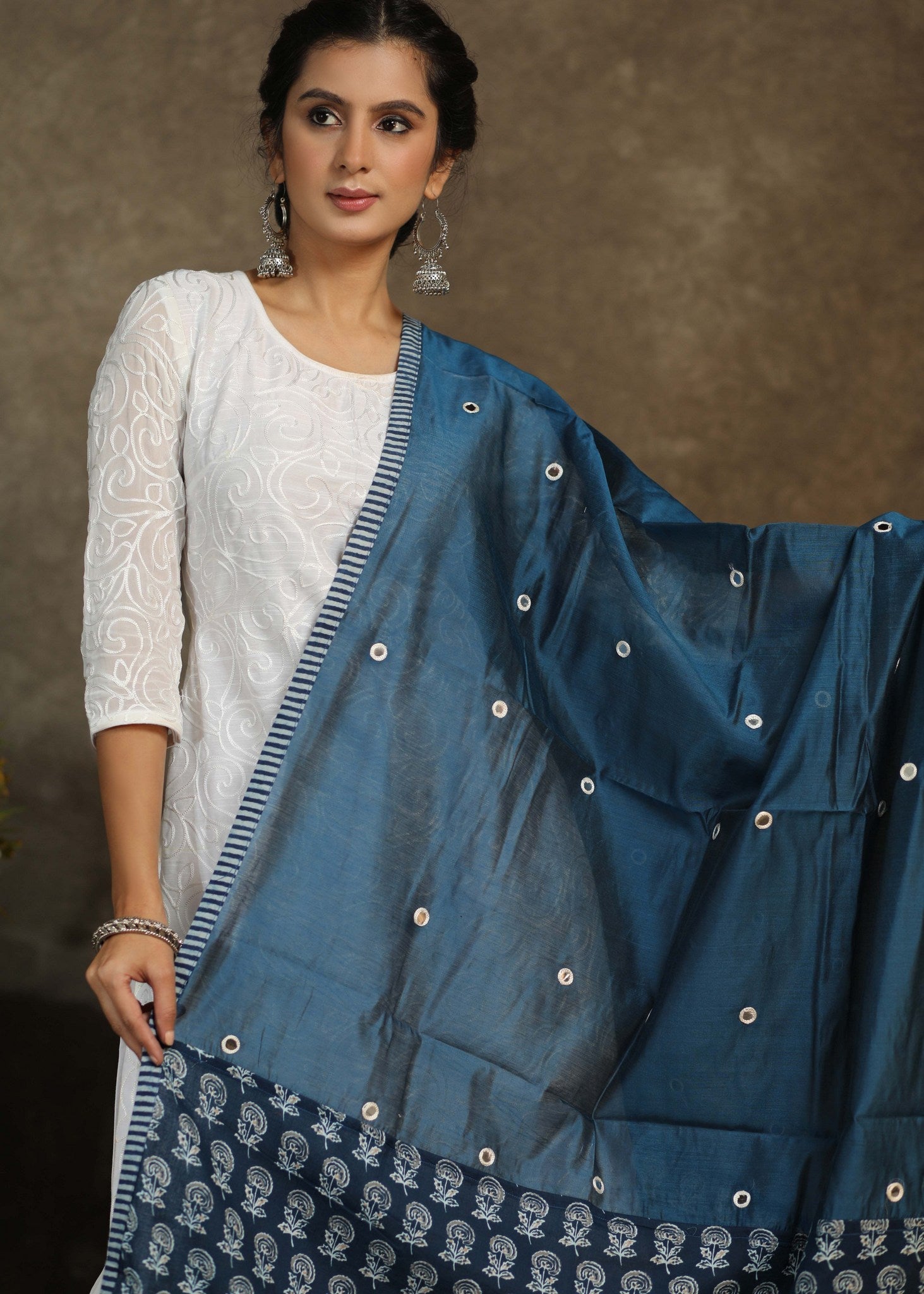 Chandari blue mirror work dupatta with Ajrakh combination