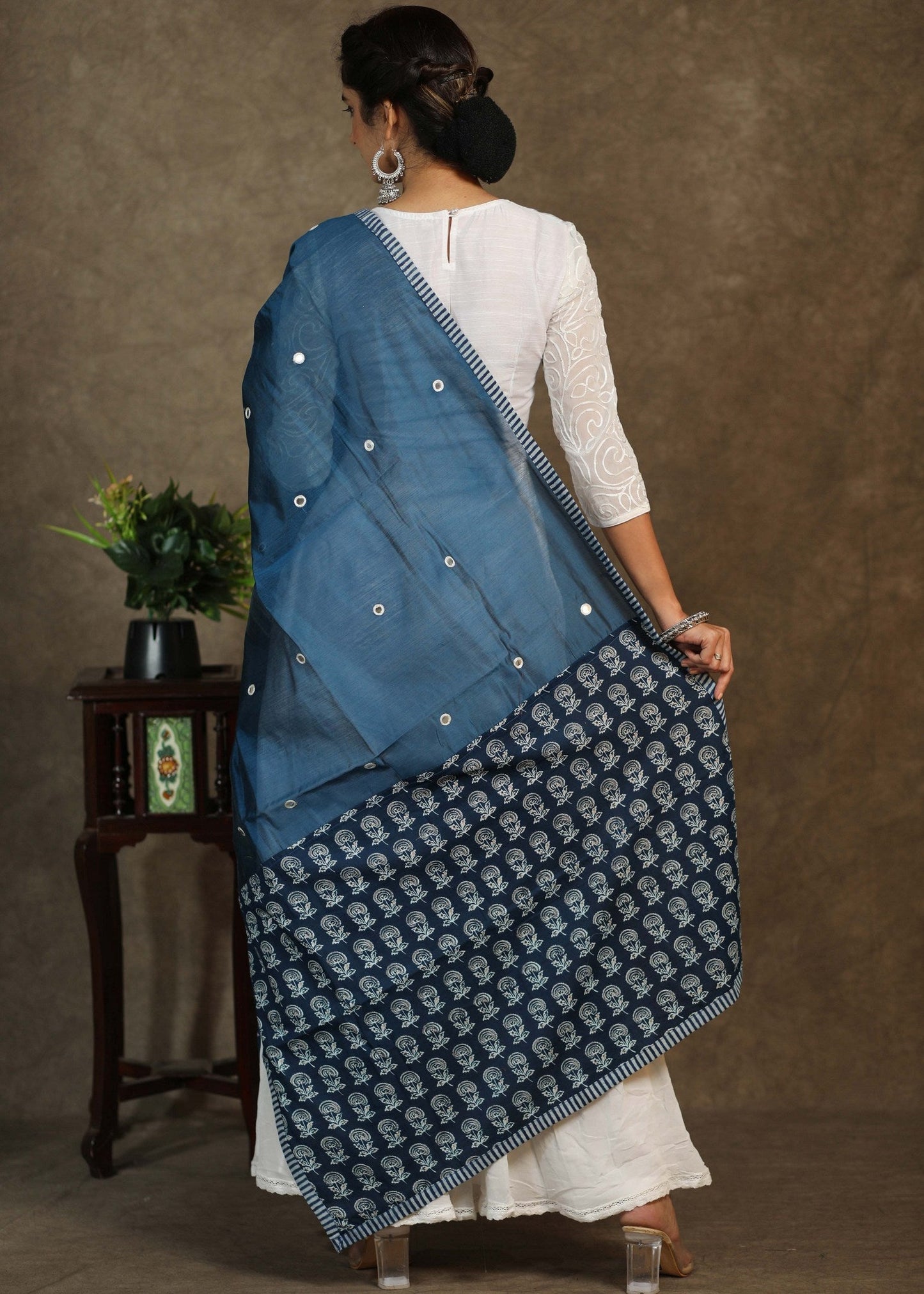 Chandari blue mirror work dupatta with Ajrakh combination