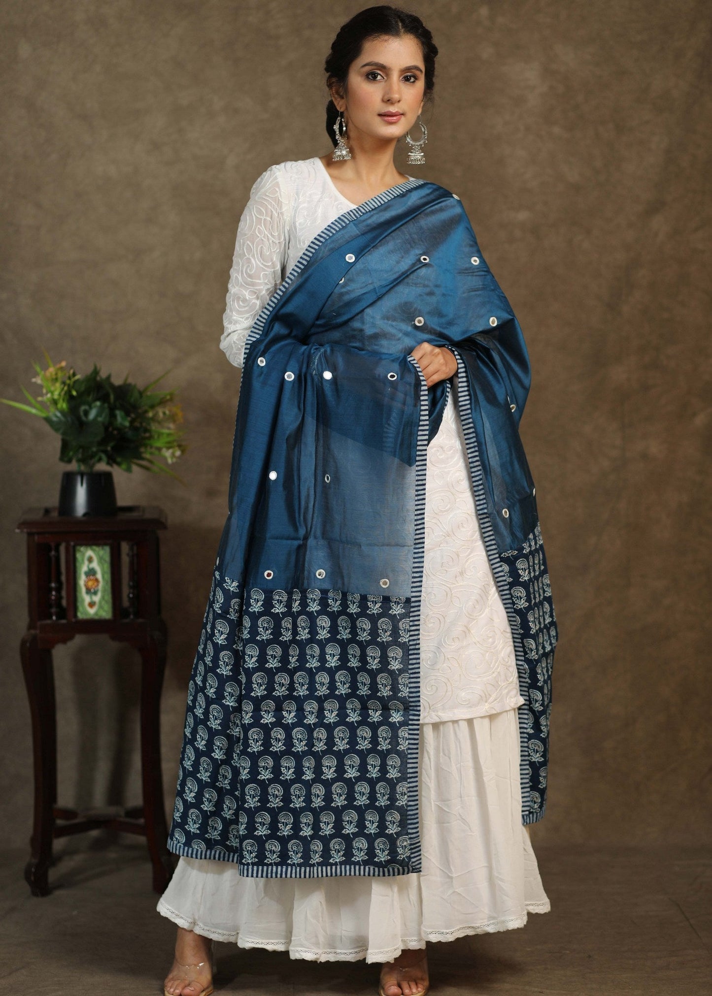 Chandari blue mirror work dupatta with Ajrakh combination