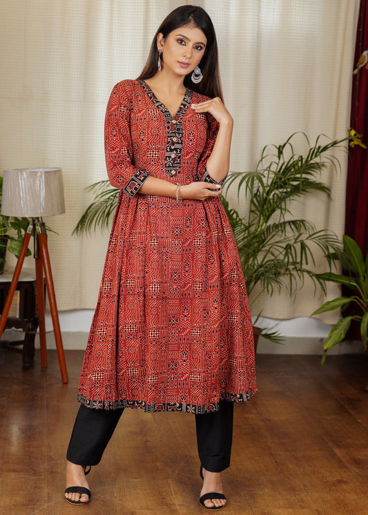 Stylish Ajrakh Combination Kurta With Beautiful Buttons