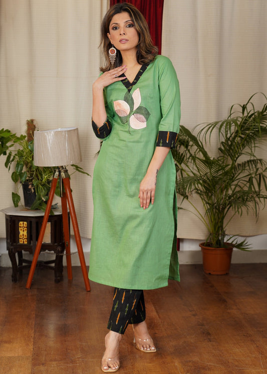 Soothing Green Straight Cut Ikat Combination Kurta With Beautiful Hand painting