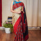 Beige assam silk saree with black , maroon cotton silk and Ajrakh combination border