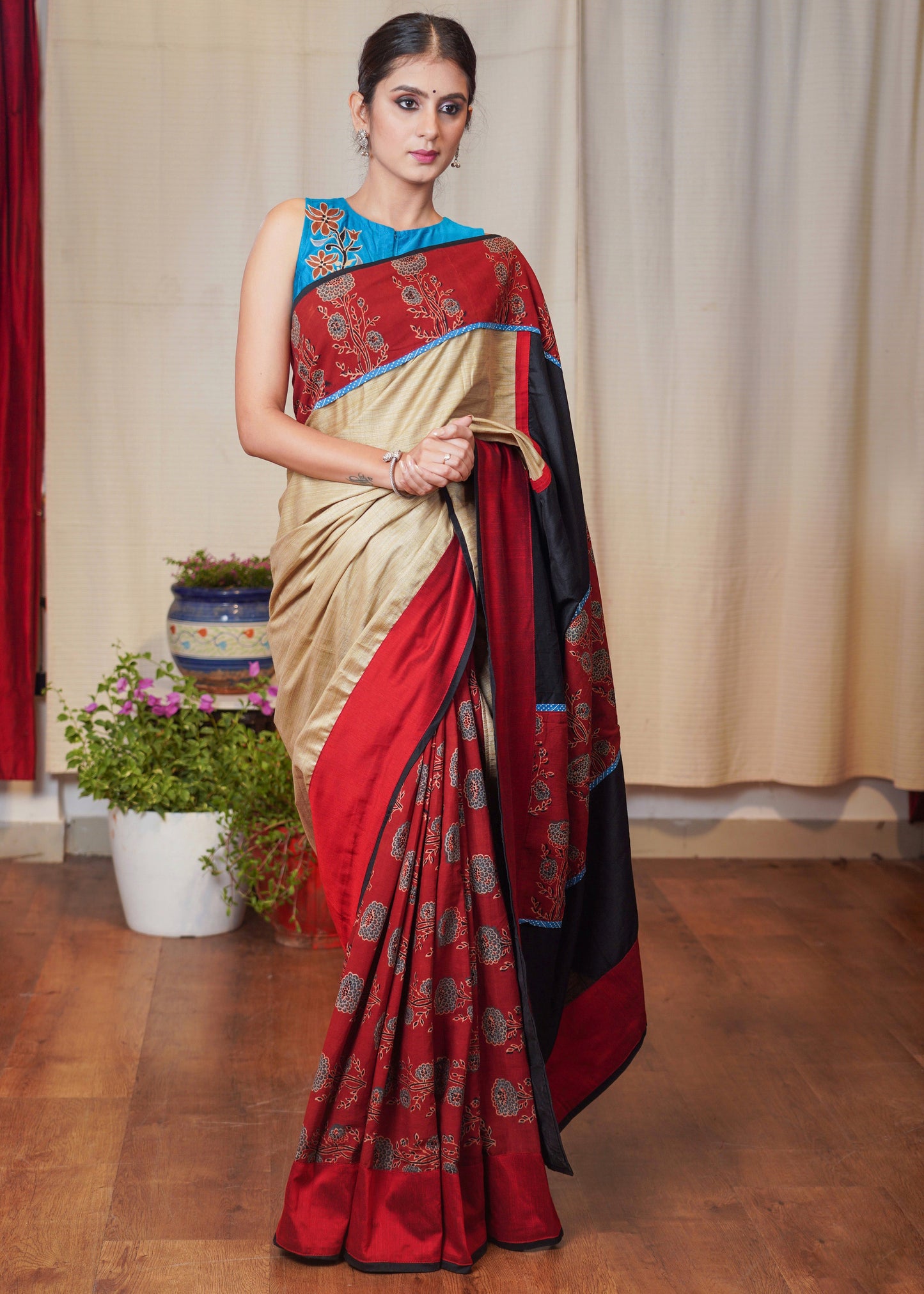 Beige assam silk saree with black , maroon cotton silk and Ajrakh combination border