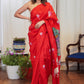 Pure silk hand painted red saree with elegant Krishna design