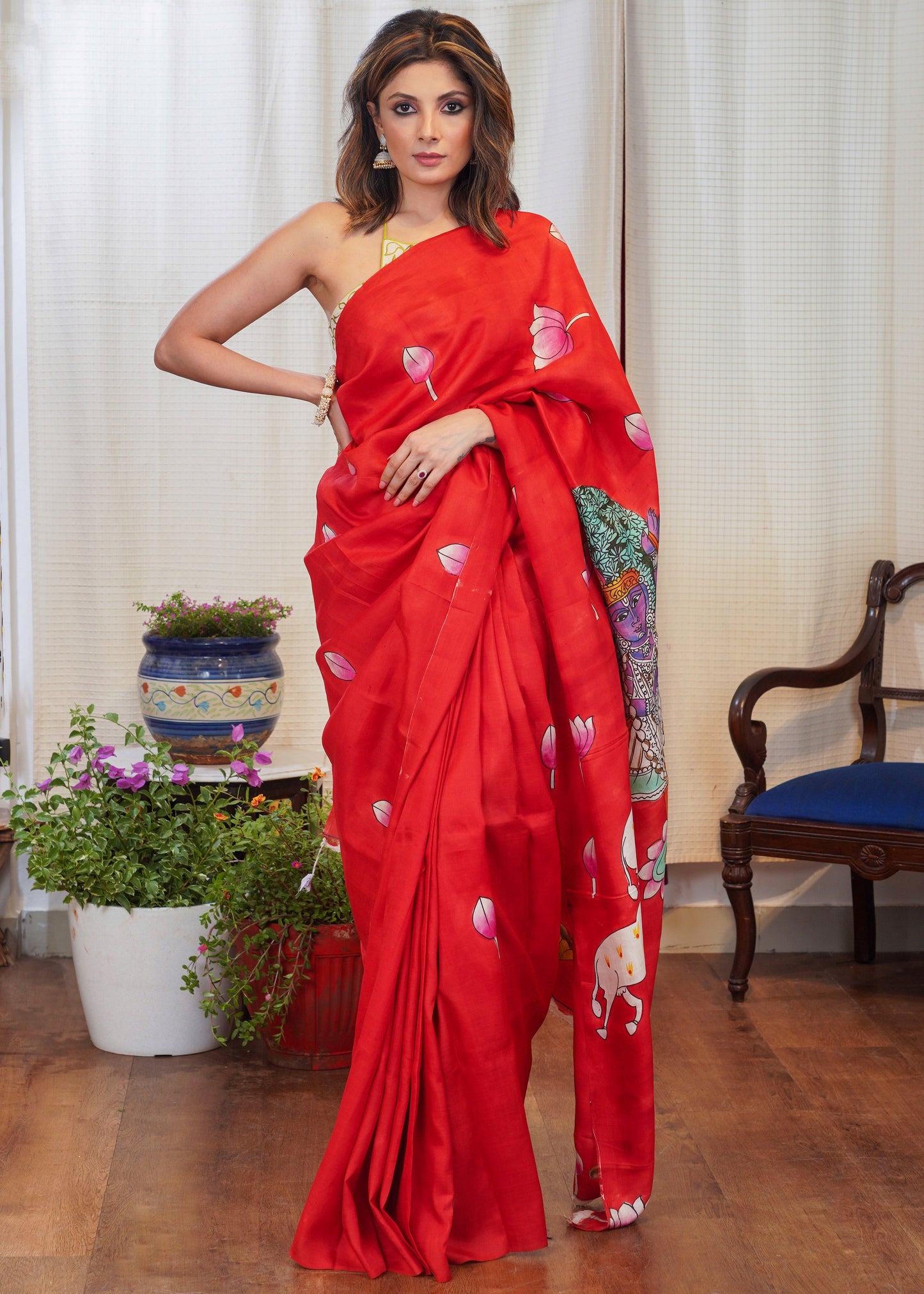 Pure silk hand painted red saree with elegant Krishna design