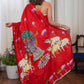 Pure silk hand painted red saree with elegant Krishna design