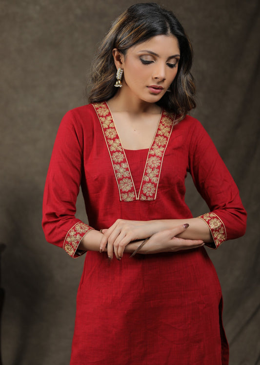 Smart Cotton Tunic With Exclusive Embroidery Work On Yoke And Neck