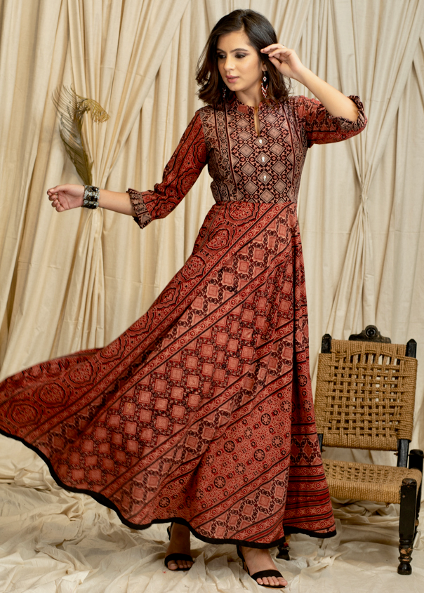 Trendy Occasion wear Gown in Combination Cotton Ajrakh Fabric