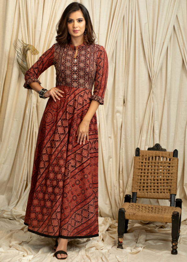 Trendy Occasion wear Gown in Combination Cotton Ajrakh Fabric