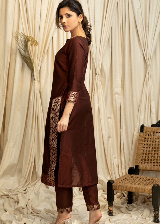 Straight Cut Coffee Brown  Cotton Silk Kurta and Pant with Banarasi Border and Chanderi Dupatta - 3 piece set