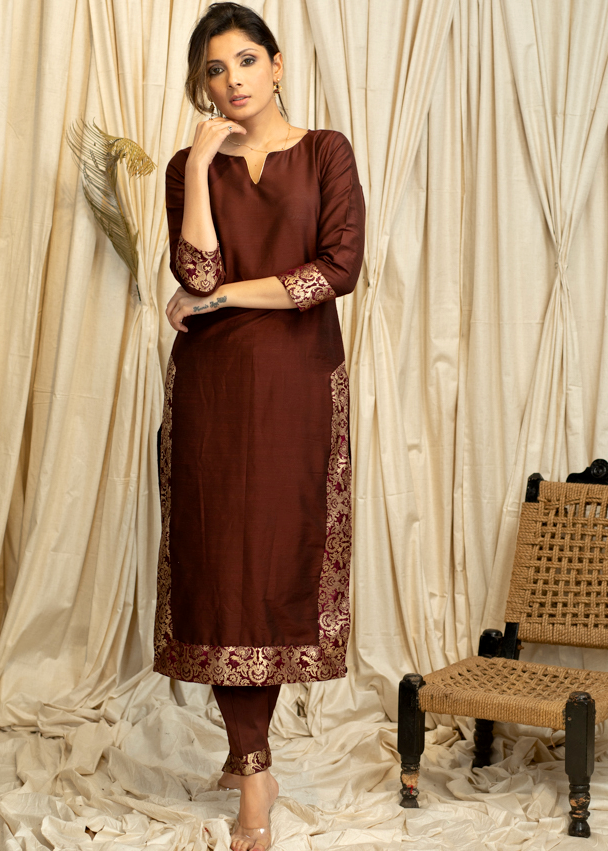 Straight Cut Coffee Brown  Cotton Silk Kurta and Pant with Banarasi Border and Chanderi Dupatta - 3 piece set