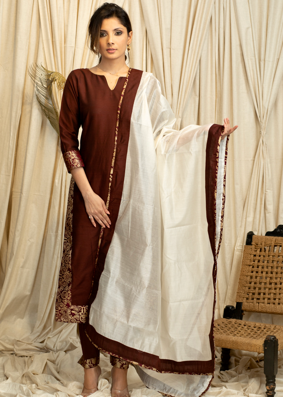 Straight Cut Coffee Brown  Cotton Silk Kurta and Pant with Banarasi Border and Chanderi Dupatta - 3 piece set