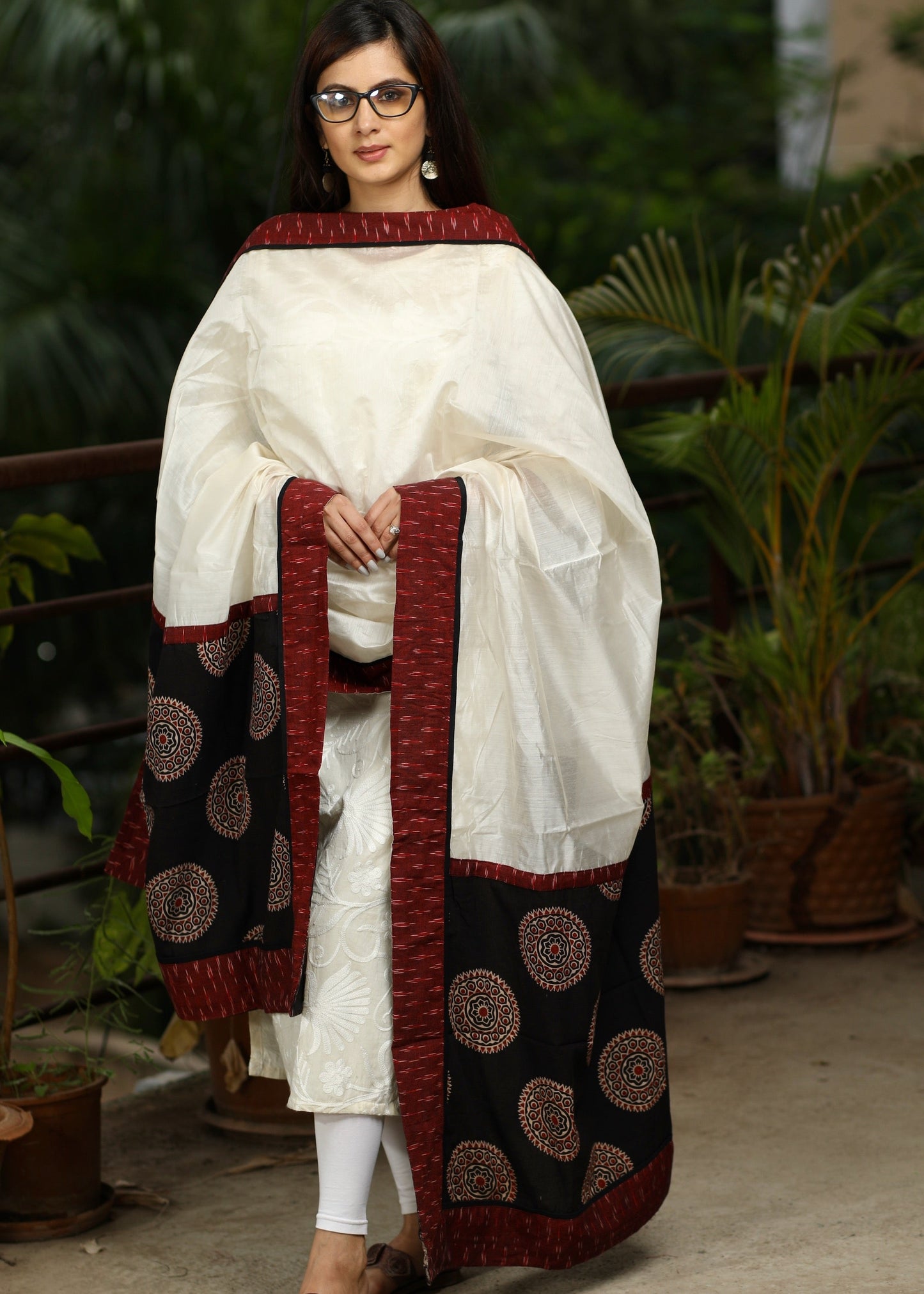 Graceful Offwhite Chanderi Dupatta with Ajrakh and Ikat Combination