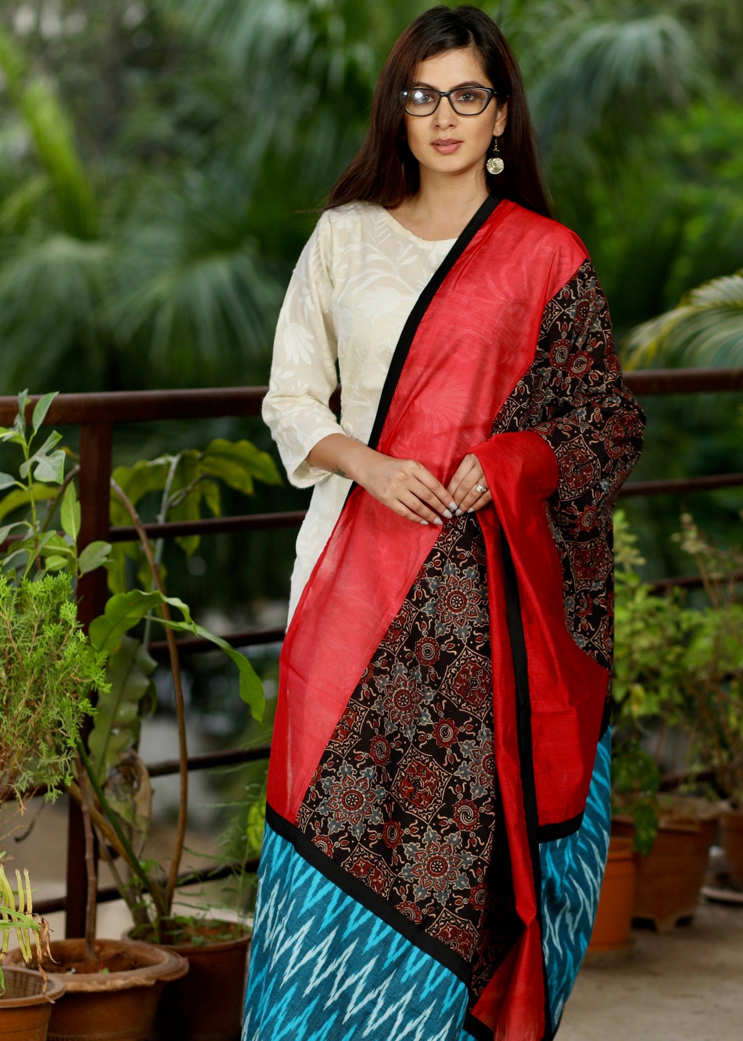 Red Chanderi Dupatta with Firozi colour Ikat and Ajrakh Combination