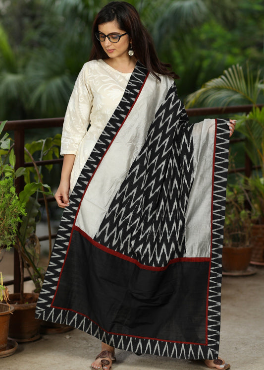 Grey Chanderi Dupatta with Zig Zag ikat Combination