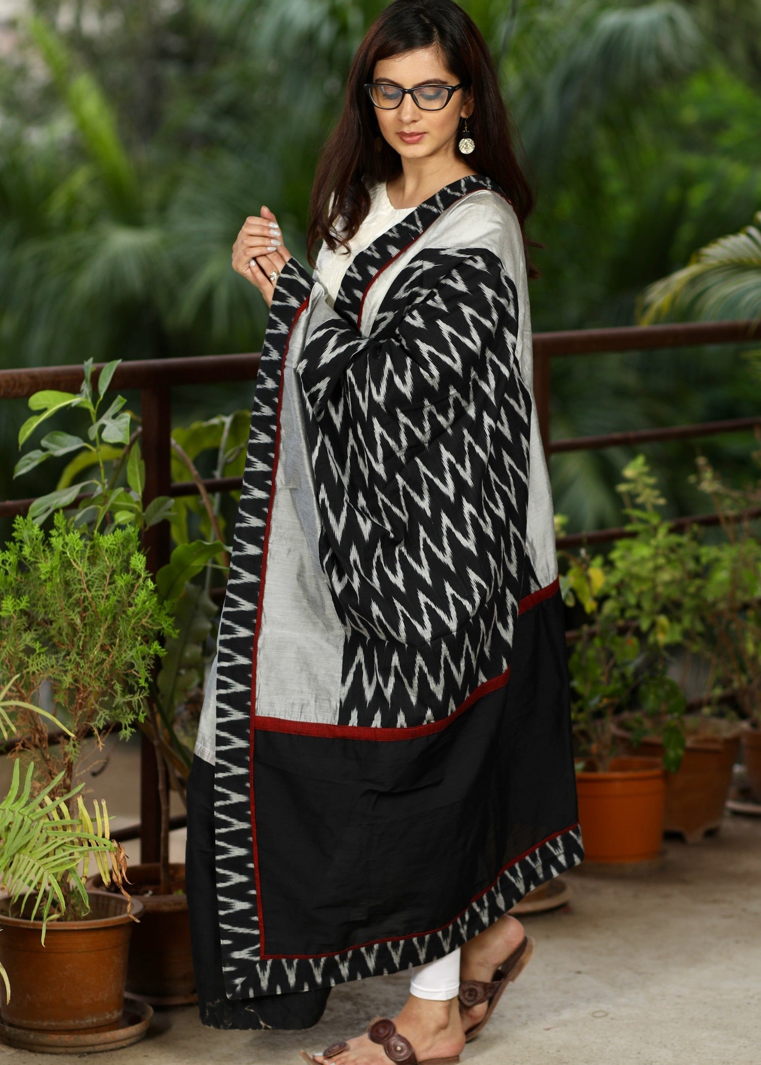 Grey Chanderi Dupatta with Zig Zag ikat Combination