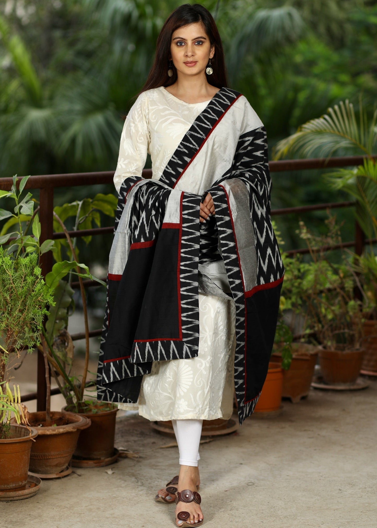 Grey Chanderi Dupatta with Zig Zag ikat Combination