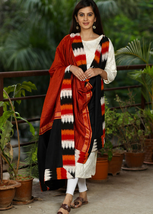 Rust Colour Khun (Maharashtrian Weave) Dupatta with Bright Ikat Combination