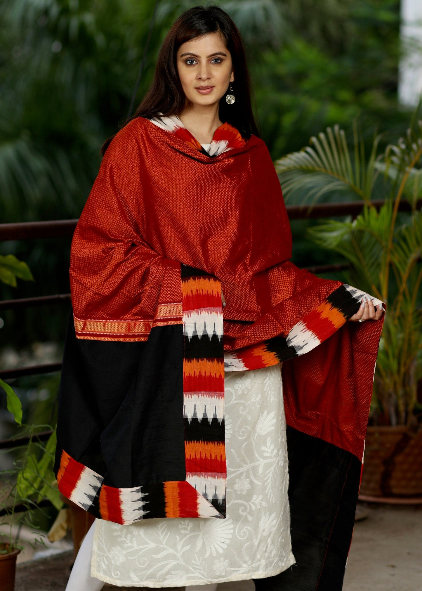 Rust Colour Khun (Maharashtrian Weave) Dupatta with Bright Ikat Combination