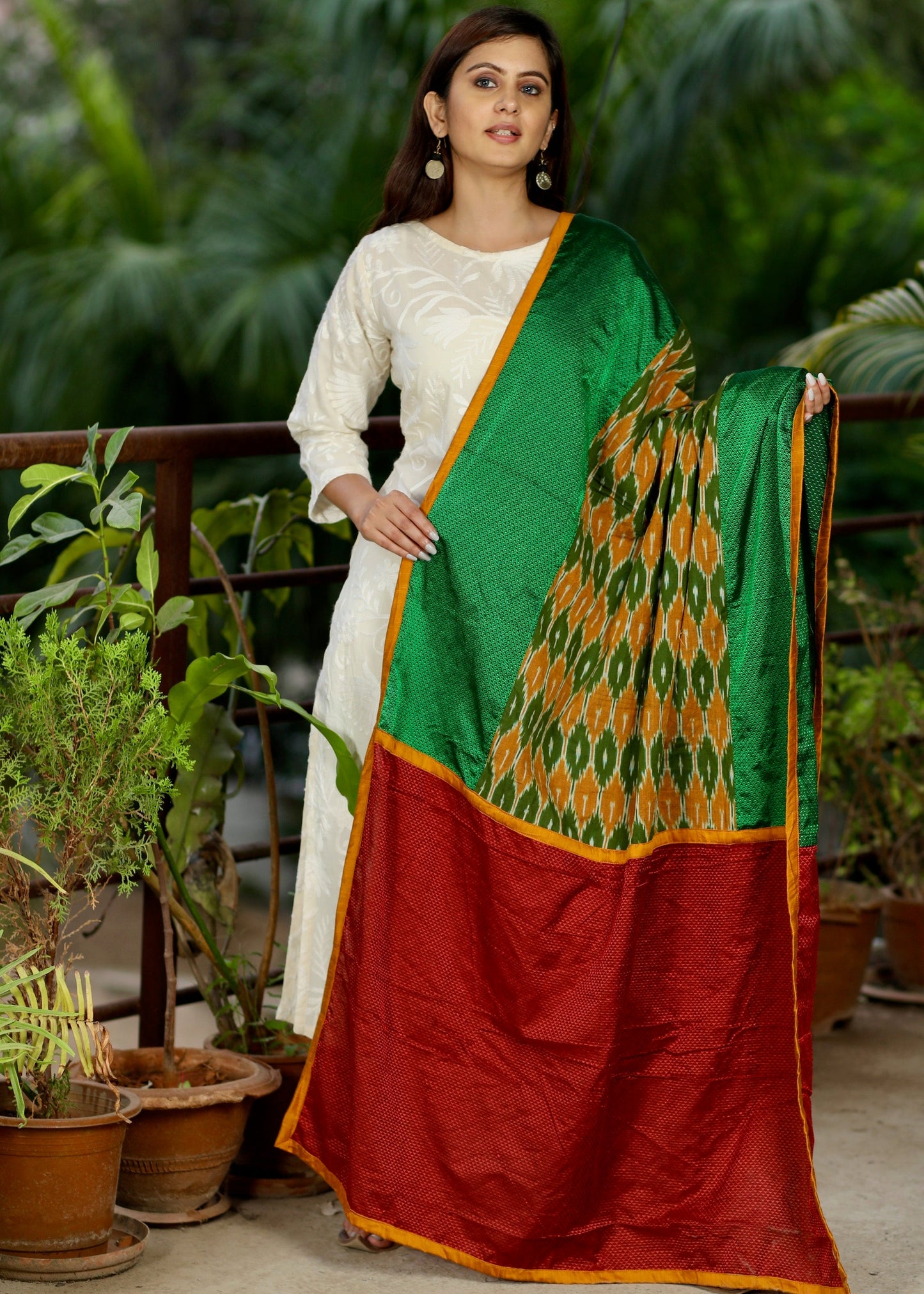 Green and Maroon Khun (Maharashtrian Weave) Dupatta with Green Ikat