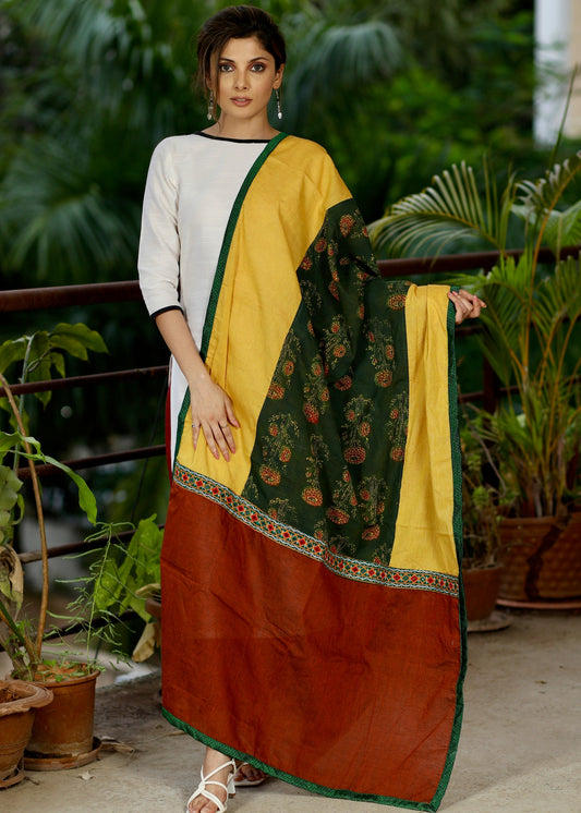 Mustard and Rust Cotton Handloom Dupatta with Ajrakh and Handmade Kutch Mirror Work