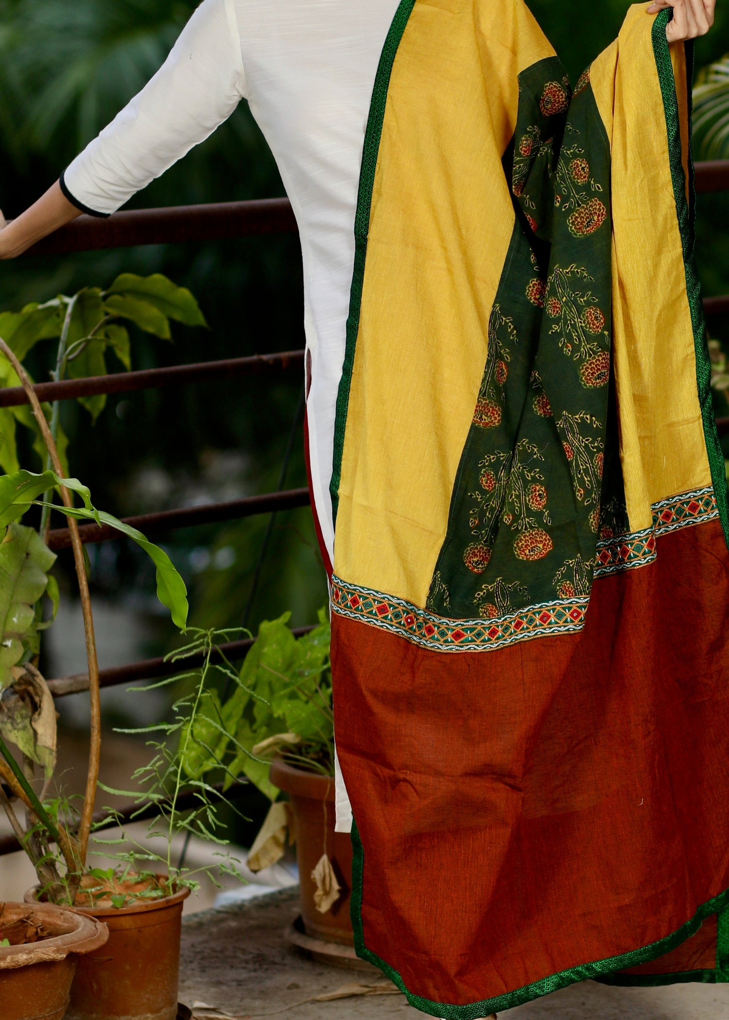 Mustard and Rust Cotton Handloom Dupatta with Ajrakh and Handmade Kutch Mirror Work