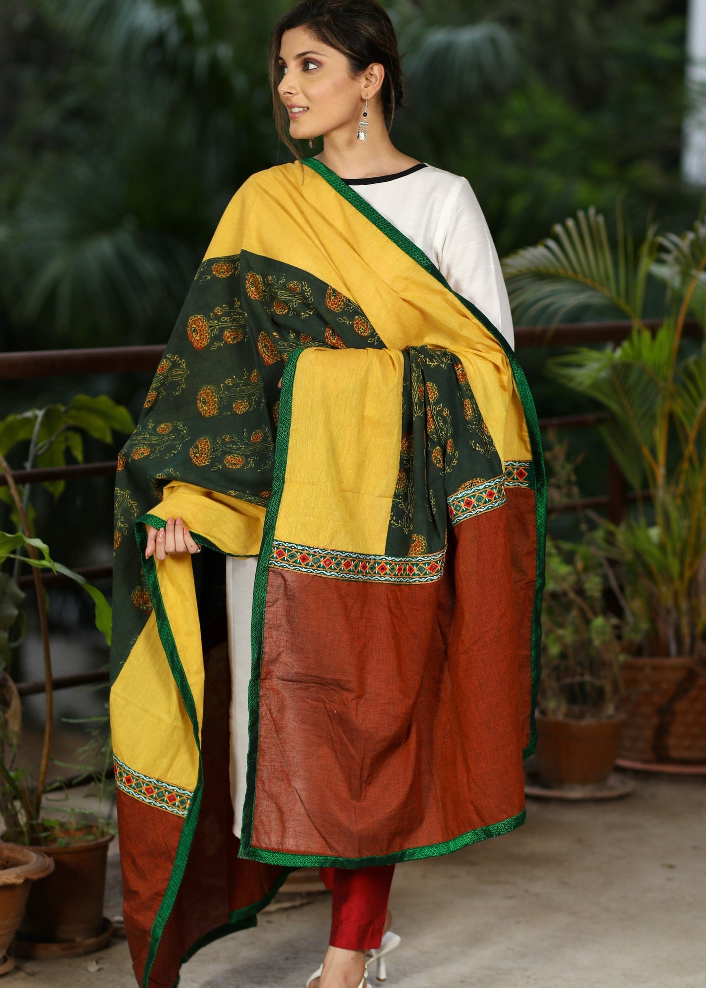 Mustard and Rust Cotton Handloom Dupatta with Ajrakh and Handmade Kutch Mirror Work