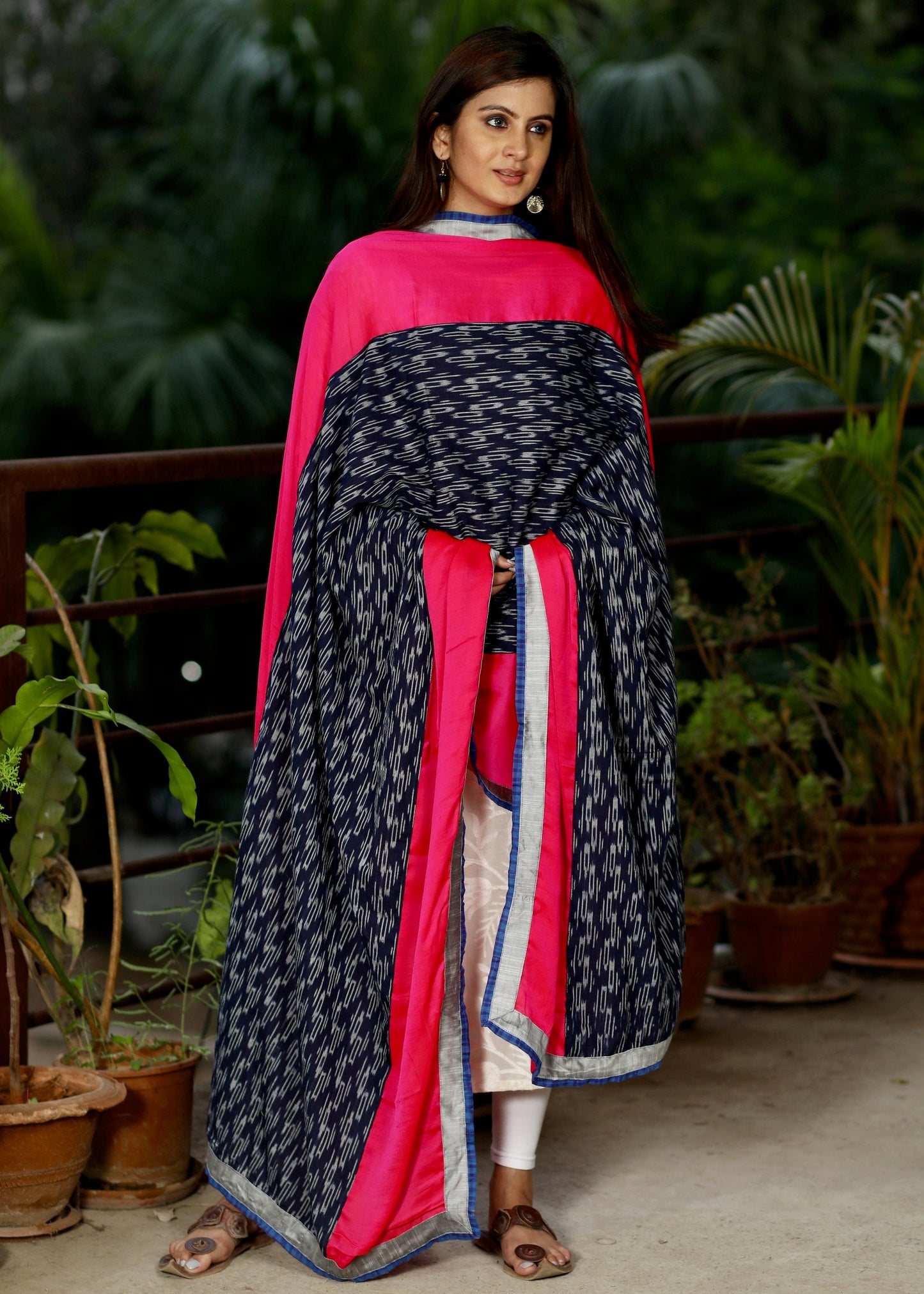 Pink Crepe Satin Dupatta with Blue Ikat Combination