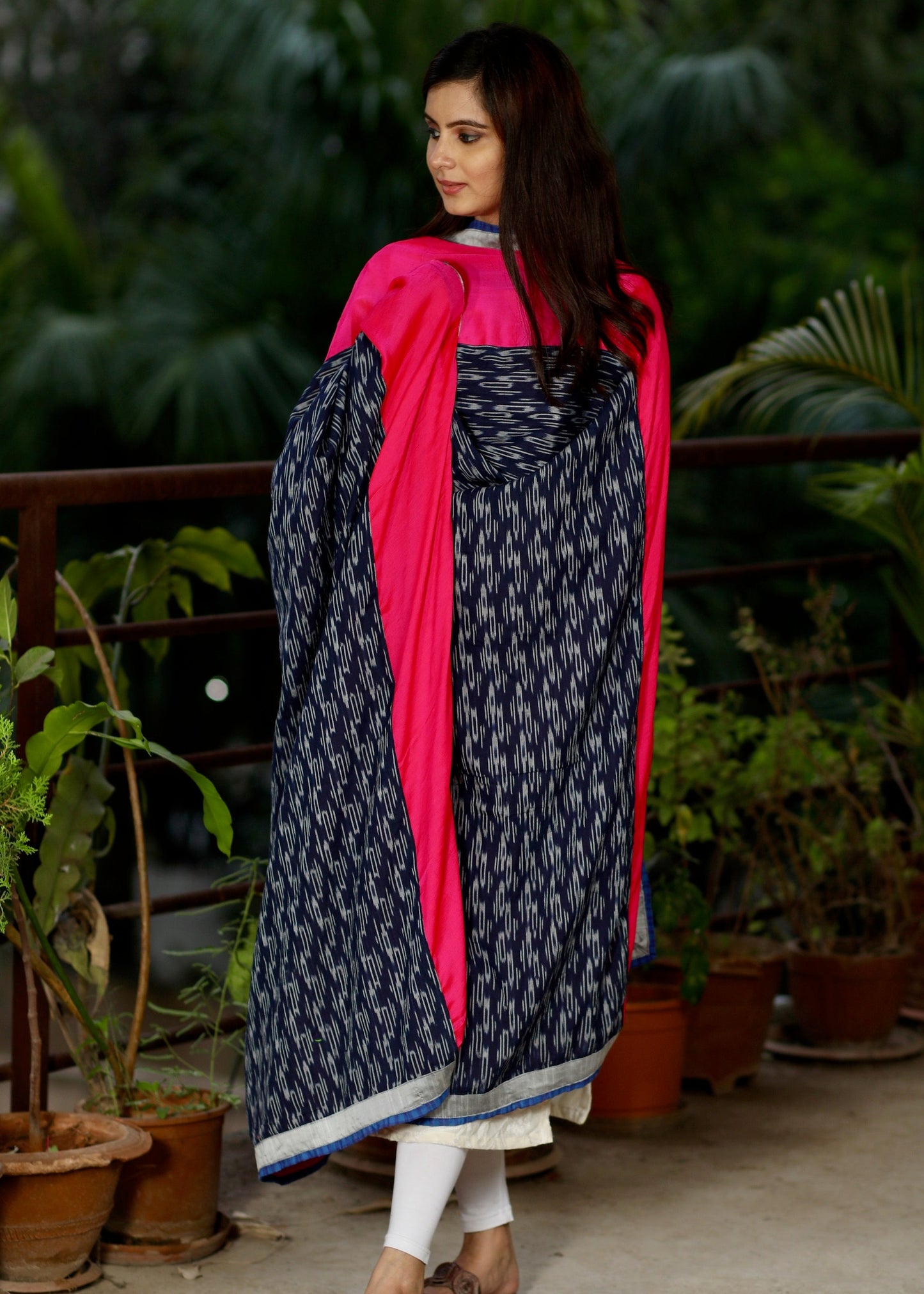 Pink Crepe Satin Dupatta with Blue Ikat Combination