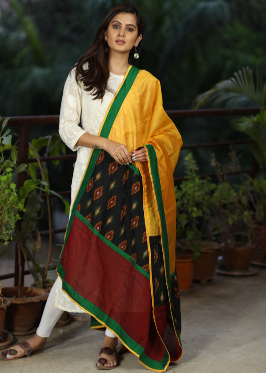 Yellow Chanderi Dupatta with Ikat Contrast