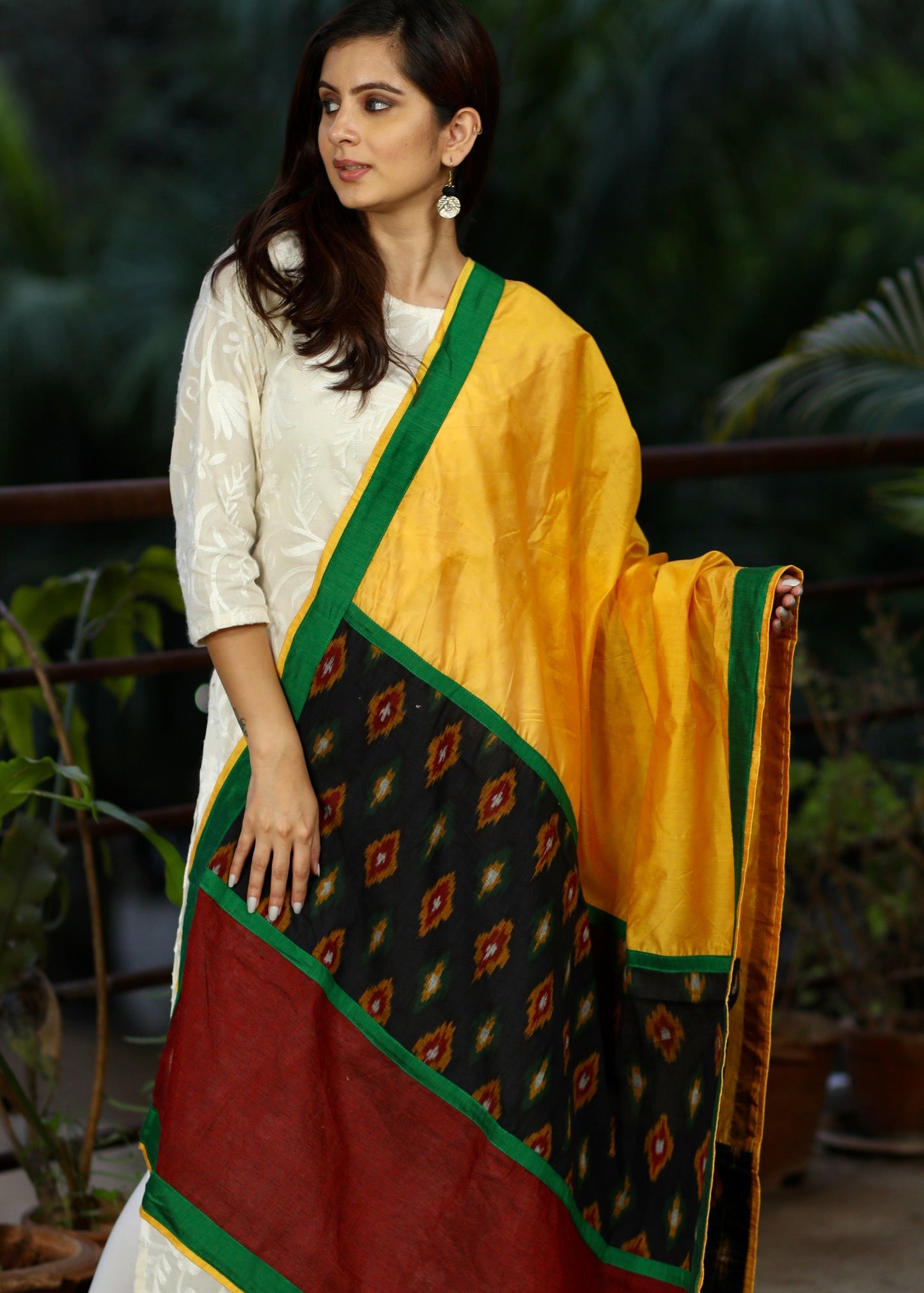 Yellow Chanderi Dupatta with Ikat Contrast