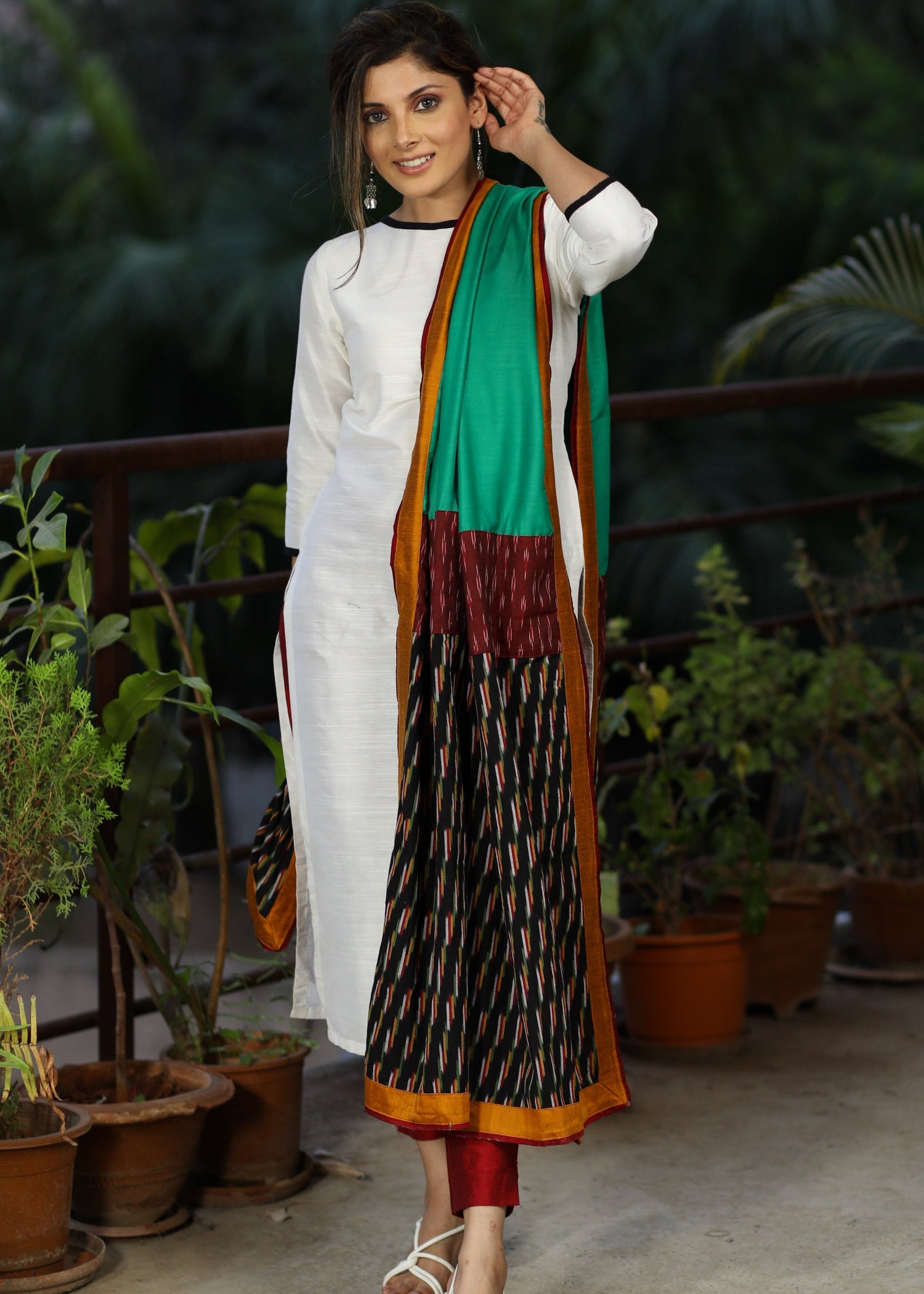 Green Crepe Satin Dupata with Ikat Combination and Mustard Border