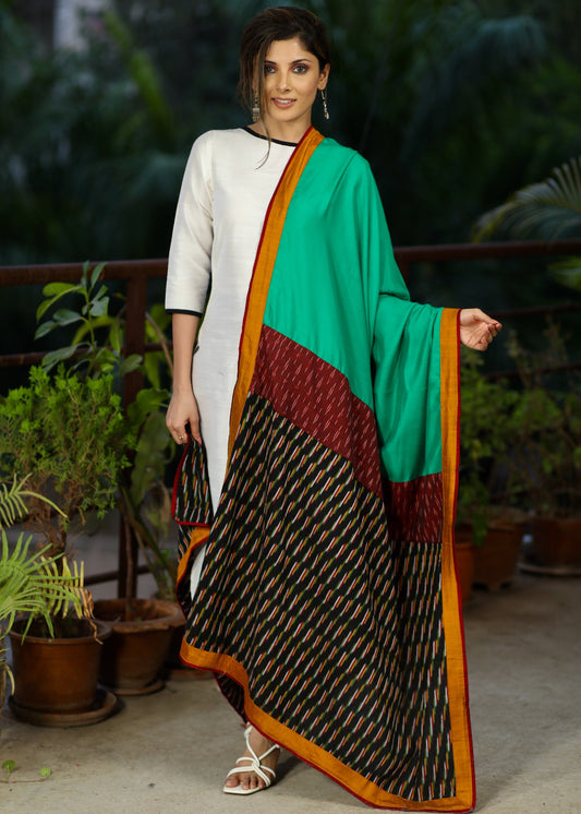 Green Crepe Satin Dupata with Ikat Combination and Mustard Border