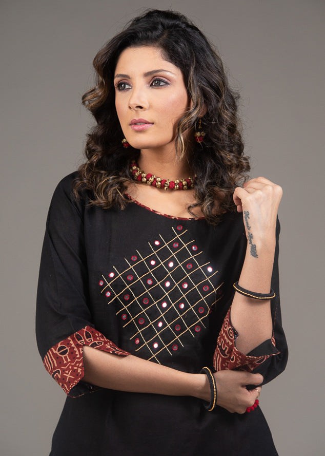 Hand embroidered zardozi mirror work with Ajrakh slit cuff black designer top