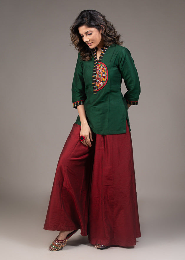 Forest green top with embroidered kutch mirror work & placket