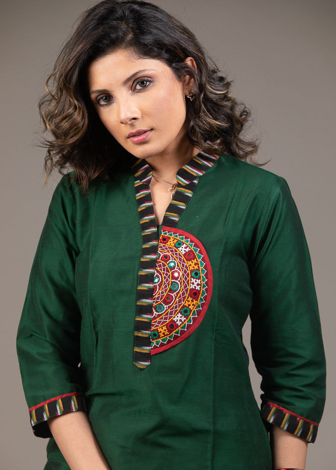 Forest green top with embroidered kutch mirror work & placket