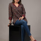 Black animal print Ajrakh pure cotton top with Ikat collar and cuff