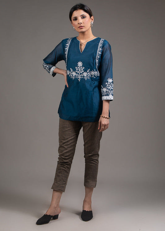 Embroidered blue chanderi top with lining