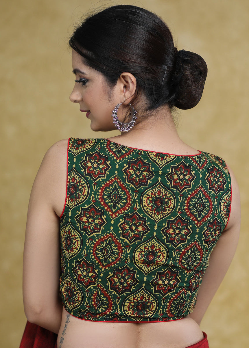 Exclusive Green Ajrakh Cotton Sleeveless Blouse with Maroon Detailing